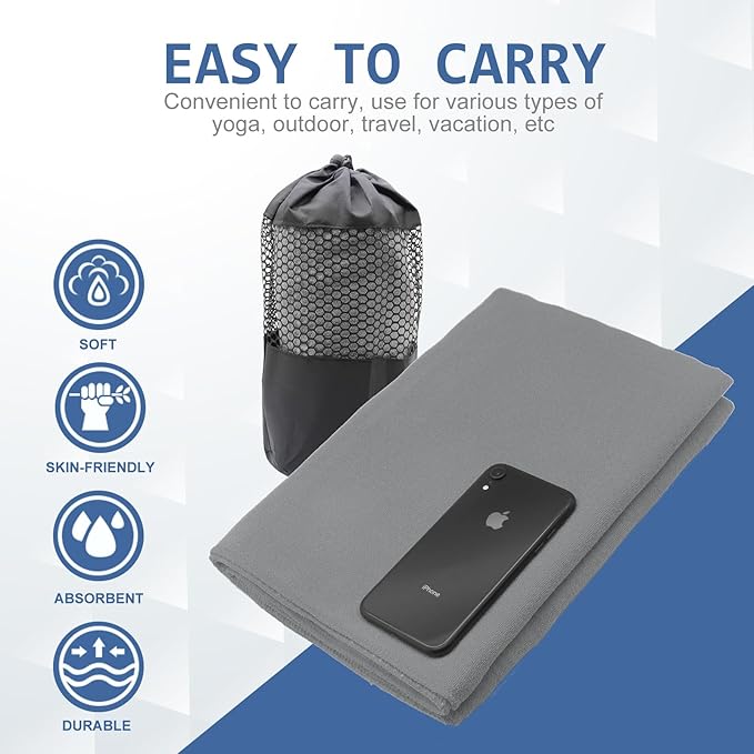 Eunzel Yoga Towel,Hot Yoga Mat Towel with Grip Dots Sweat Absorbent Non-Slip for Hot Yoga, Pilates and Workout 24" x72", Dark Gray