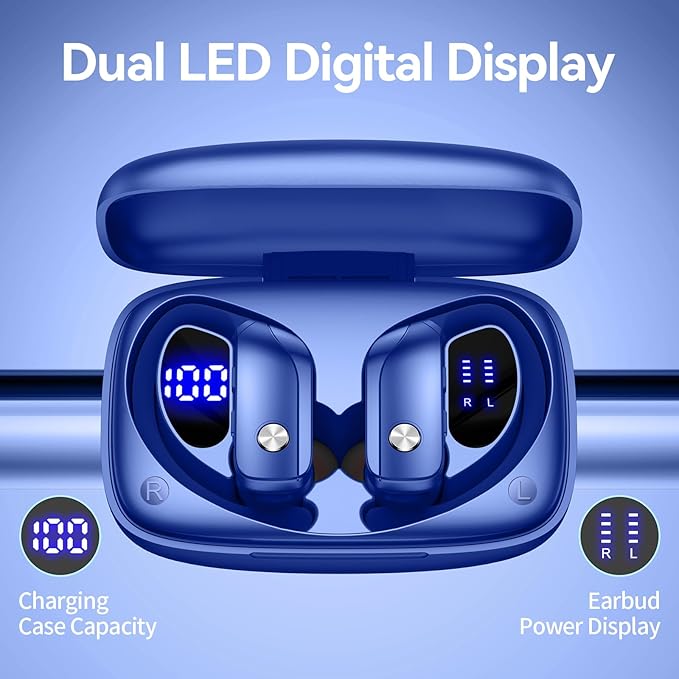 bmani Ear Buds Wireless Earbuds Bluetooth Headphones with 80H Playtime LED Display Case, Over-Ear Hook with Mic, Stereo Sound, Easy Button Controls, Sports Earphones for Running Workout Gym Blue
