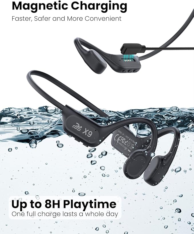Swimming Headphones-Bone Conduction Headphones Bluetooth V6.0 Open Ear Sports Headset, IP68 Waterproof Built-in MP3 Player 32G Memory, for Running, Cycling (Black)