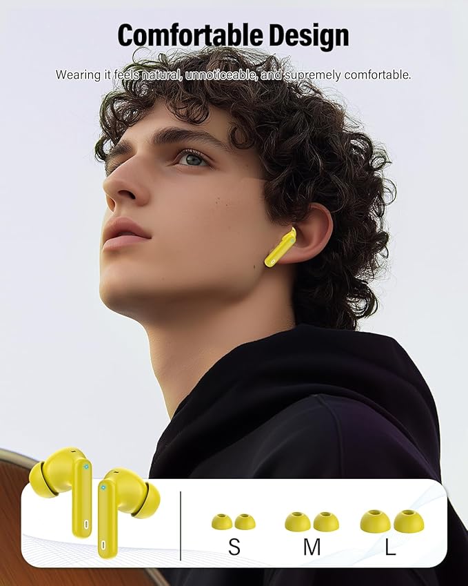 Wireless Earbuds, Bluetooth 5.4 Headphones Bass Stereo, Ear Buds with Noise Cancelling Mic, IP7 Waterproof in Ear Earphones, 36H LED Display Bluetooth Earbuds for Laptop Pad Phones Sports, Yellow