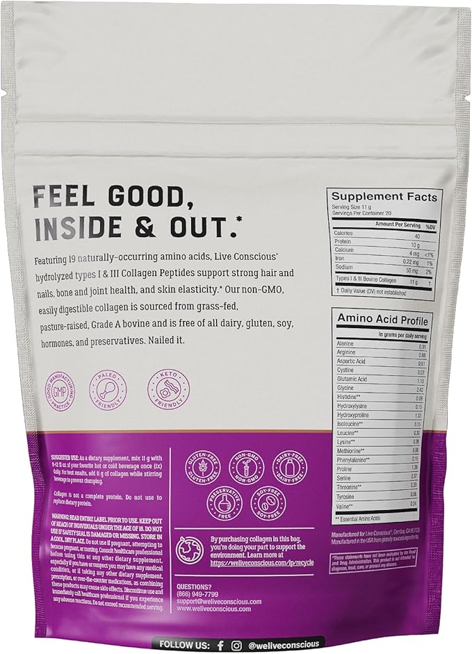 Live Conscious Collagen Powder Hydrolyzed Collagen Peptides Type I & III - Keto & Paleo Friendly - Unflavored - 20 Servings, 7.8 oz