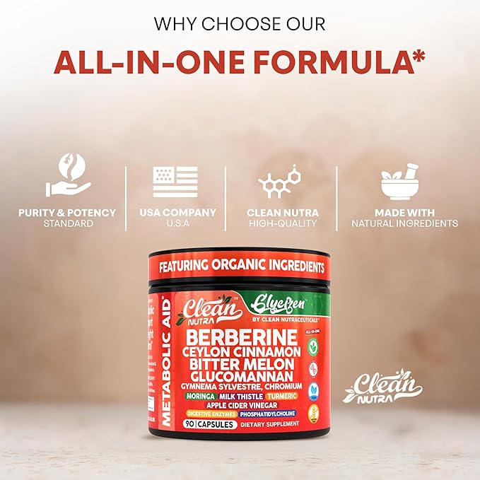 Clean Nutra Berberine Ceylon Cinnamon Bitter Melon Glucomannan Gymnema Sylvestre Chromium Moringa Milk Thistle Turmeric Apple Cider Vinegar Digestive Enzymes Inositol Supplement 90 Capsules
