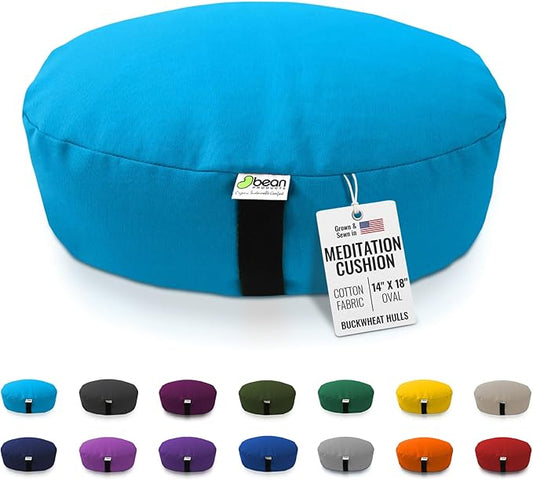 Bean Products Zafu Meditation Pillows for Sitting on Floor, Yoga Cushion, Cotton/Buckwheat Fill Yoga Pillow, Zafu Meditation Cushion, Zen Kneeling Prayer Pad- Made in USA - 14"x18" Oval - Aqua
