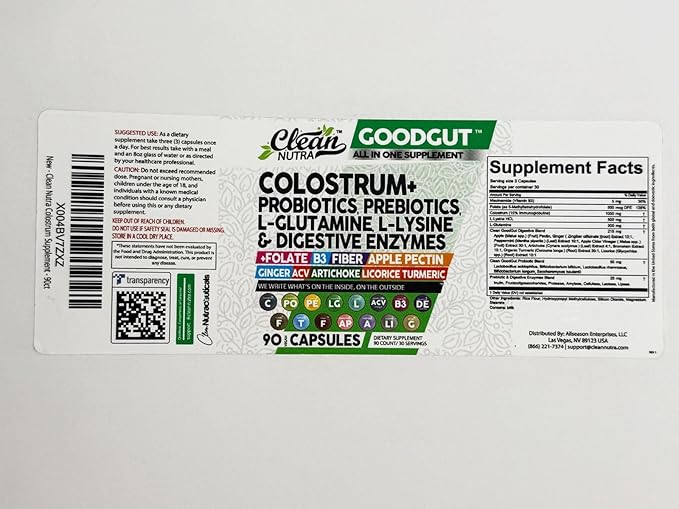Clean Nutraceuticals Colostrum Supplement Capsules Probiotics Pills Prebiotics, L-Glutamine, Digestive Enzymes, Folate, Fiber, ACV, Turmeric, Apple Pectin and Turmeric Good Gut