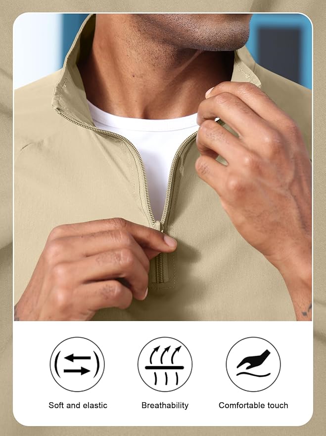 Aulemen Men's Casual Quarter Zip Pullover-Athletic Windbreaker Lightweight Jackets Hiking Golf for Men Mock Neck with Pockets
