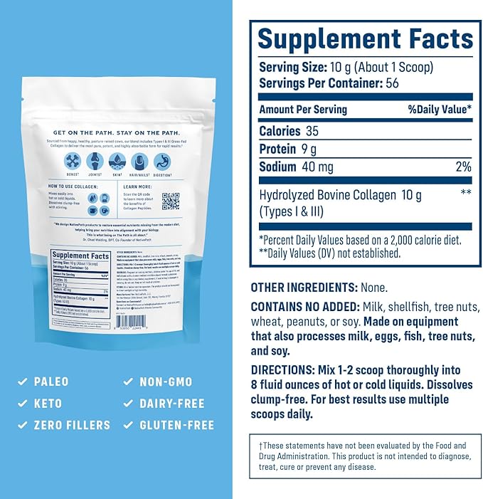 NativePath Collagen Peptides Protein - Hydrolyzed Type 1 & 3 Collagen Powder for Skin, Hair, Nails - 19.8 oz (56 Servings)