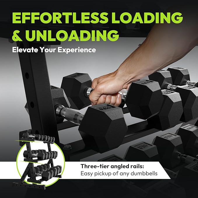 Hex Dumbbell Sets with Rack, 300-670 lb Rubber Encased Exercise & Fitness Dumbbells Set, Hand Weight for Strength Training, Weight Dumbbells