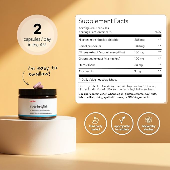 Melina Everbright NAD+ Supplement for Women's Energy & Longevity - Nicotinamide Riboside (NR), Pterostilbene, Citicoline, Astaxanthin - Anti-Aging, Focus, and Skin - 3rd Party Tested - 30 Servings