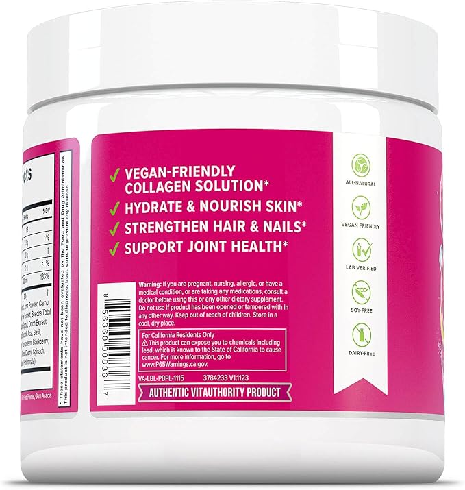 Vitauthority Vegan Collagen Powder for Women - Plant Based Collagen Supplement for Women with Proprietary Vegan Hair Skin and Nails Vitamins - Vegetarian Collagen Powder with Hyaluronic Acid