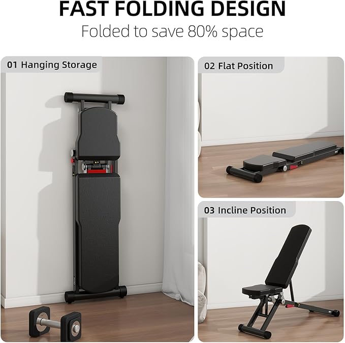 DHT Adjustable Weight Bench for Full Body Workout, Heavy Duty Foldable Bench Press for Home Gym Strength Training, Incline Decline Flat Utility Workout Bench with Fast Adjustment