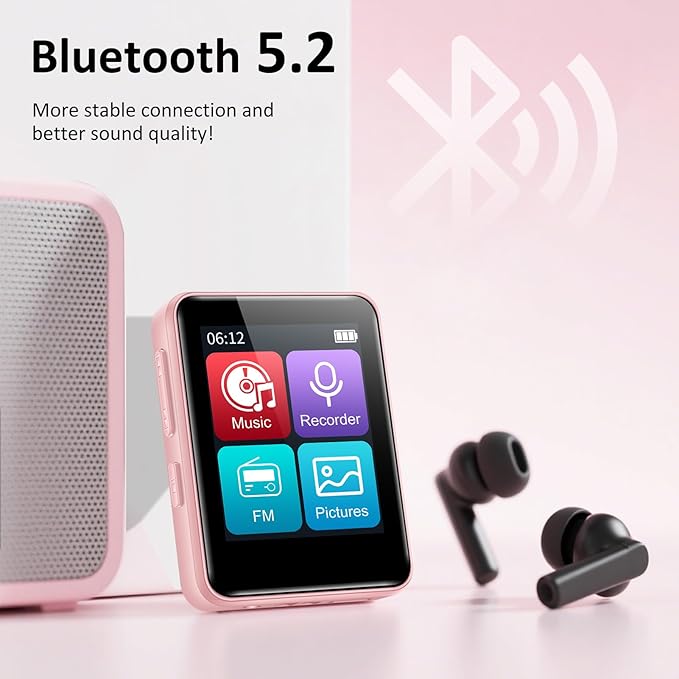 MP3 Player with Bluetooth, 32GB Portable Bluetooth MP3 Player for Kids, 1.8 inch Music Player with Speaker, FM Radio, Voice Recorder, Supports Expanded Up to 512GB(Pink)