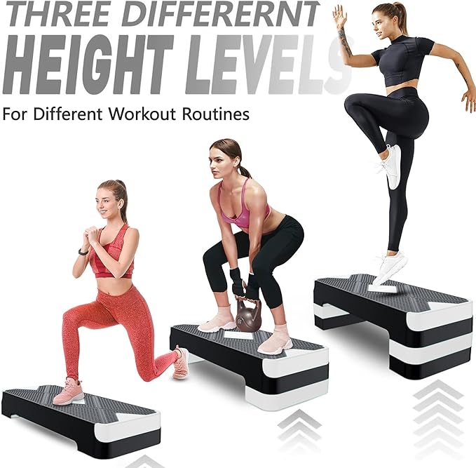 Aerobic Exercise Step, Adjustable Aerobic Stepper for Exercise, Workout Step Platform for Step Up, 26.5" Step Deck with 4” 6” 8” Adjustable Height Risers, Women Home Gym Cardio Fitness