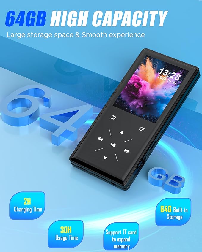 64GB Bluetooth MP3 Player - 2.4" Screen Portable HiFi Mp3 Player with Built-in Speaker, MP3 Music Player with Voice Recorder, FM Radio, Touch Buttons,Support up to 256GB SD Card
