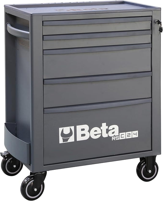 Beta RSC24 Heavy Duty Rolling Tool Cabinet, 5 Drawers, Grey, Ball Bearing Slides, Rubber Mat Liners, 5" Casters, Anti-Fall Edge Worktop, 1760 lbs Load Capacity, Made in Italy