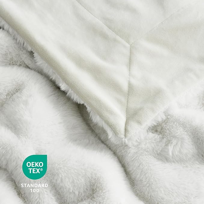 Cozy Bliss Faux Fur Throw Blanket for Couch, Cozy Warm Plush Striped Blanket for Sofa Bedroom Living Room, 90 * 90 Inches Beige