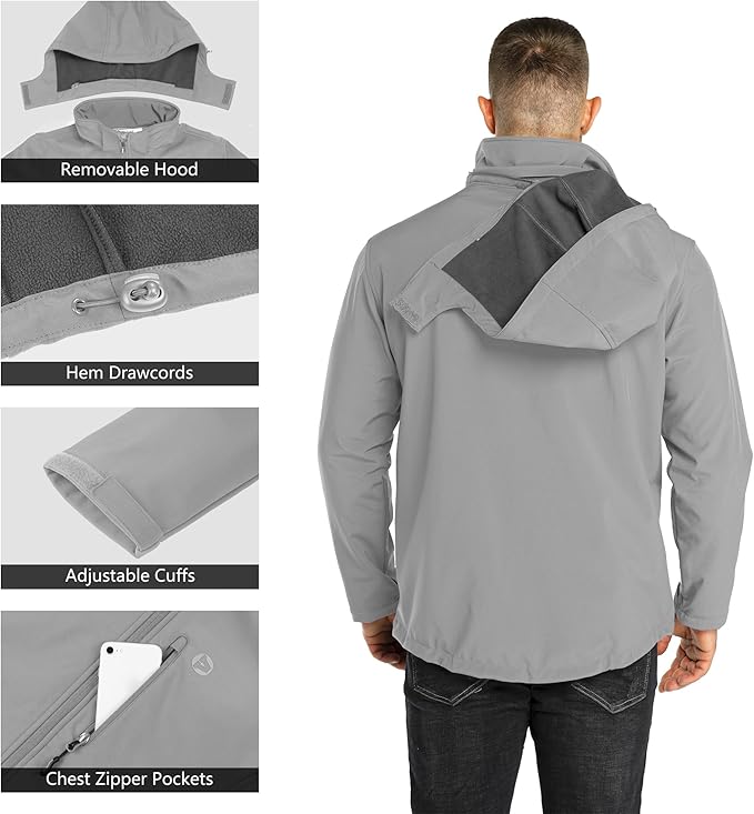 Outdoor Ventures Men's Lightweight Softshell Jacket Fleece Lined Hooded Water Resistant Winter Hiking Windbreaker Jackets