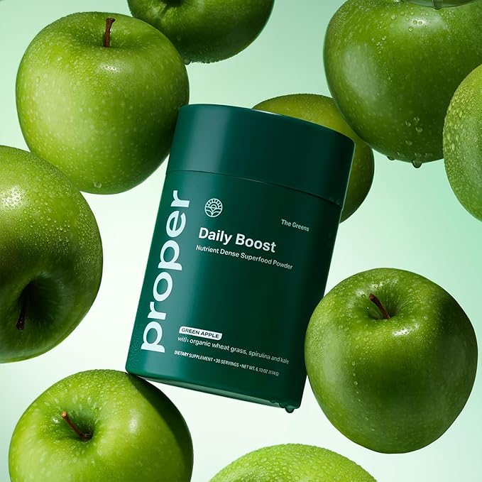 Proper, The Greens Daily Boost Organic Greens Powder. Whole Food, Apple Flavor Veggie Powder Superfood with Wheatgrass, Spirulina, Chlorella, Probiotics. Daily Drink Mix for Wellness and Digestion