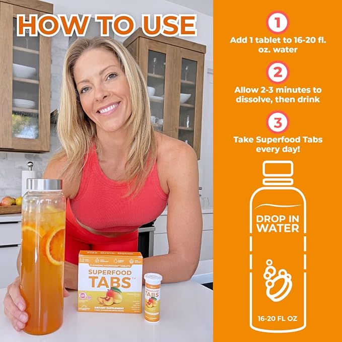 β Anti-Bloat Cleanse Drink with 15 Superfoods | Supports Digestion, Energy & Cravings | Vegan, Non-GMO | 60 Effervescent Tabs β Peach Mango Flavor