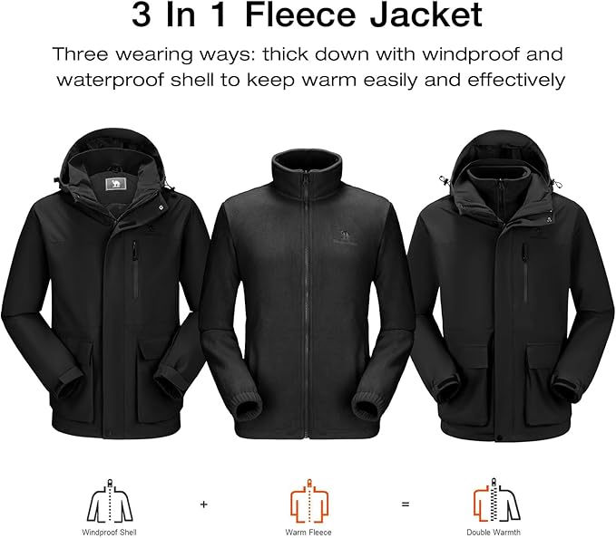 CAMEL CROWN Men's Ski Jacket 3 in 1 Waterproof Winter Jacket Snow Jacket Windproof Hooded with Inner Warm Fleece Coat