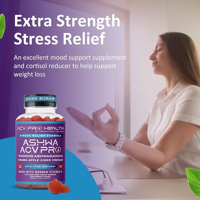 Ashwa ACV Pro Health - Sugar Free Apple Cider Vinegar Gummies, Ashwagandha Gummies, Advanced Keto ACV Gummies, Ashwagandha Supplements with Vitamin D, Stress Relief Supplement,1g Carbs Per Gummy Golo