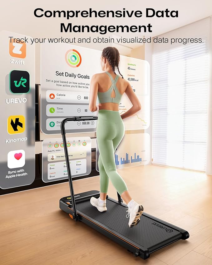 UREVO Strol 2E Smart 2-in-1 Folding Treadmill, Compact Walking Pad with Safety Handle, Plug and Play, Dual LED Display, Workout APP, Walking or Running for Home Office, Remote Included