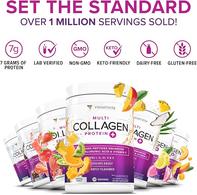 Multi Collagen Peptides Powder for Women - Hydrolyzed Flavored Collagen Powder for Women with Types I II III V & X Vitamin C & Hyaluronic Acid for Hair Skin and Nails (Peach Mango) - 30 Servings