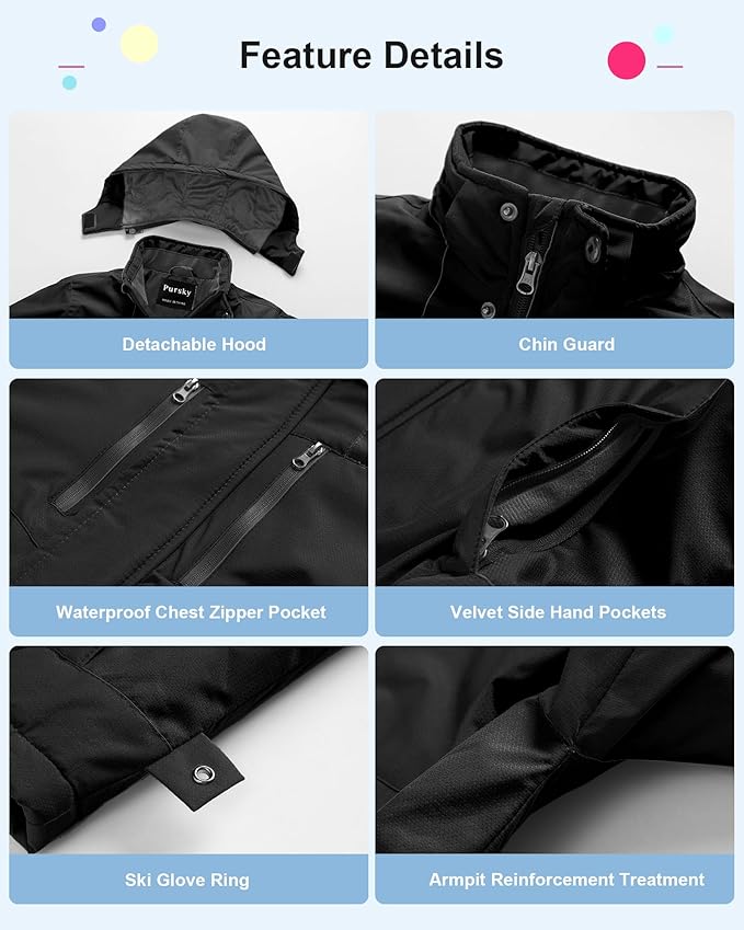 Pursky Boy's Waterproof Ski Jacket Kids Winter Snow Coats Fleece Raincoats Parka