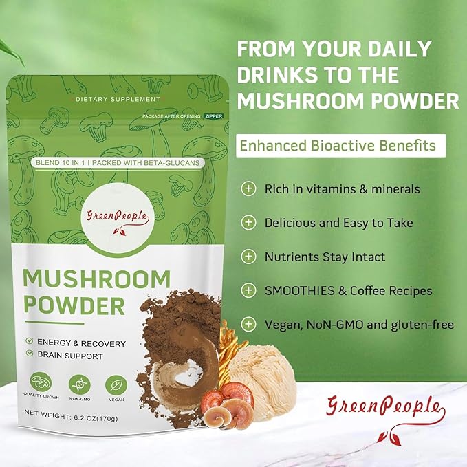 Mushroom Powder Mushroom Supplement - 10-in-1 Mushrooms Lions Mane Powder with Reishi/Cordyceps/Chaga/Turkey Tail/Maitake/Complex for Cognitive Function & Immune Support 78 Servings 2PCAKS