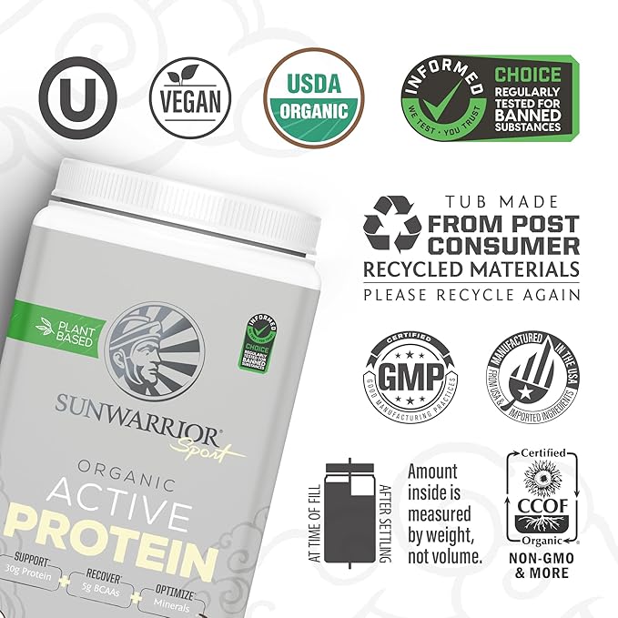 Sunwarrior Organic Plant Based Protein Powder | Vegan Organic Protein Powder with BCAA Amino Acids Plus Recovery Minerals & Botanicals | Non-GMO Soy Dairy & Gluten Free (Vanilla, 20 Servings)