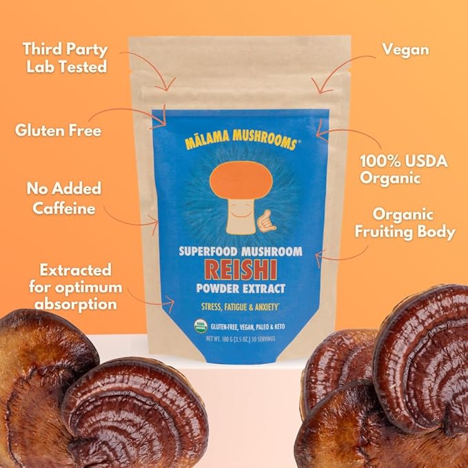 Malama Organic Reishi Mushroom Powder, Pure Fruiting Body Extract, Adaptogenic Superfood for Immune Support and Wellness, 100 Servings