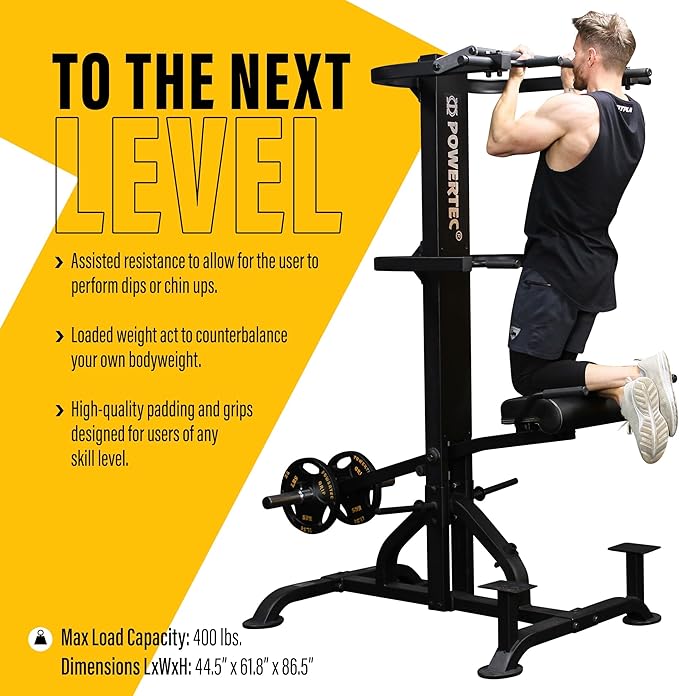 PowerTec Levergym Assisted Chin Up Bar and Dip Station, 400 lbs Max Load - Pullup Bar and Home Gym Equipment with Loaded Weights for Resistance Assist - Workout Equipment for Home Workouts