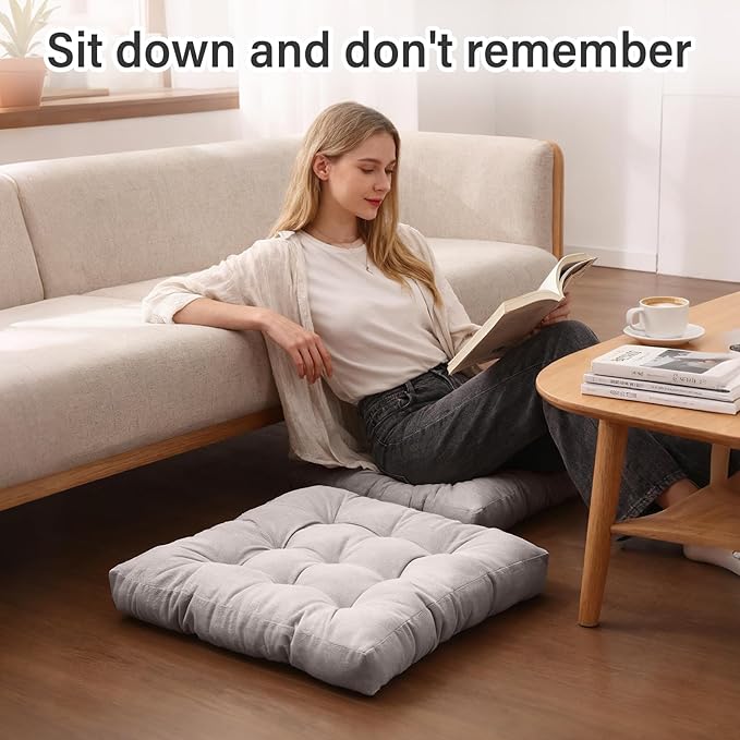 Tiita Meditation Floor Pillows, 22 Inch Square Floor Cushions for Adults, Thicken Tufted Seat Pad Set of 2, Large Floor Cushion for Yoga Garden Living Room Balcony Office Tatami, Grey