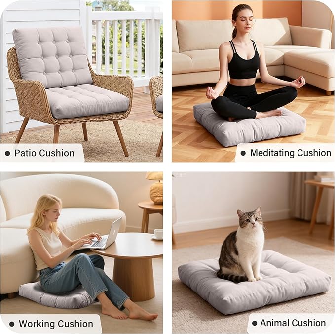 Tiita Meditation Floor Pillows, 22 Inch Square Floor Cushions for Adults, Thicken Tufted Seat Pad Set of 2, Large Floor Cushion for Yoga Garden Living Room Balcony Office Tatami, Grey
