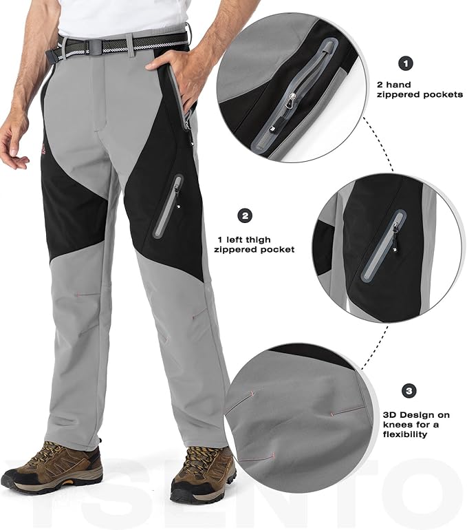 YSENTO Men's Fleece Lined Ski Snow Pants Winter Waterproof Softshell Insulated Hiking Cargo Pants