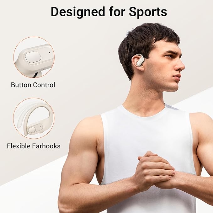 occiam Wireless Earbuds Bluetooth Headphones Ear Buds 96Hrs Playback Sport Over-Ear Waterproof Wireless Headphones Earphones with Earhooks ENC Mics Clear Call for Sport Running Workout (Ivory)