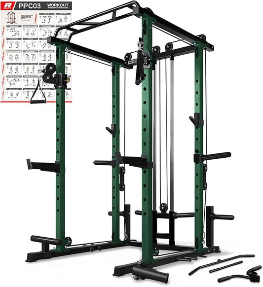 RitFit Multi-Function Squat Rack Power Cage PPC03 with Cable Crossover System, 1000LBS Capacity Power Rack and Packages with Optional Weight Bench, Barbell Weight Set, for Garage Workout & Home Gym
