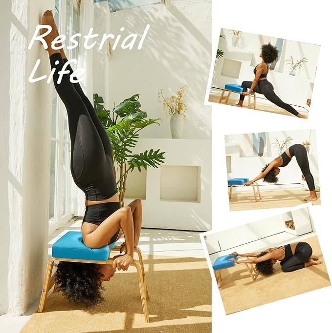 Yoga Headstand Bench- Stand Yoga Chair for Family, Gym - Wood and PU Pads - Relieve Fatigue and Build Up Body (Multi-Color)