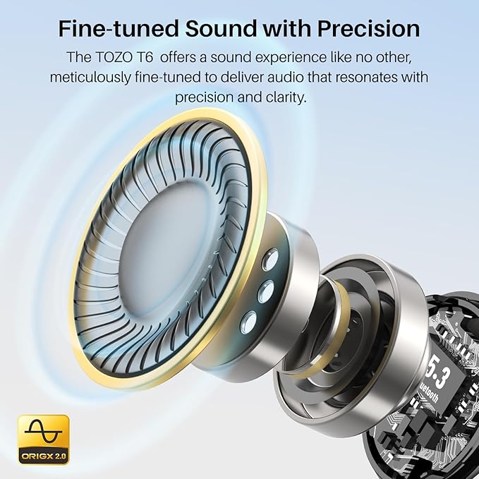 TOZO T6 Wireless Earbuds, IPX8 Waterproof Ear Buds, Stereo Bass Sound Bluetooth 5.3 Headphones in Ear, 50 Hours Playtime Earphones, Wireless Charging Case, Custom 32 EQ via APP