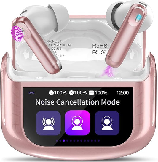 Wireless Earbuds, Bluetooth 5.4 Headphones with Multifunctional Touch Screen, 48H Bass Stereo Ear Buds with ANC/ENC Noise Cancelling/Transparency Mode, IPX7 Earphones with 5 EQ Modes, Rose