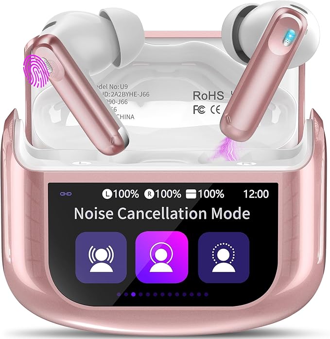 Wireless Earbuds, Bluetooth 5.4 Headphones with Multifunctional Touch Screen, 48H Bass Stereo Ear Buds with ANC/ENC Noise Cancelling/Transparency Mode, IPX7 Earphones with 5 EQ Modes, Rose