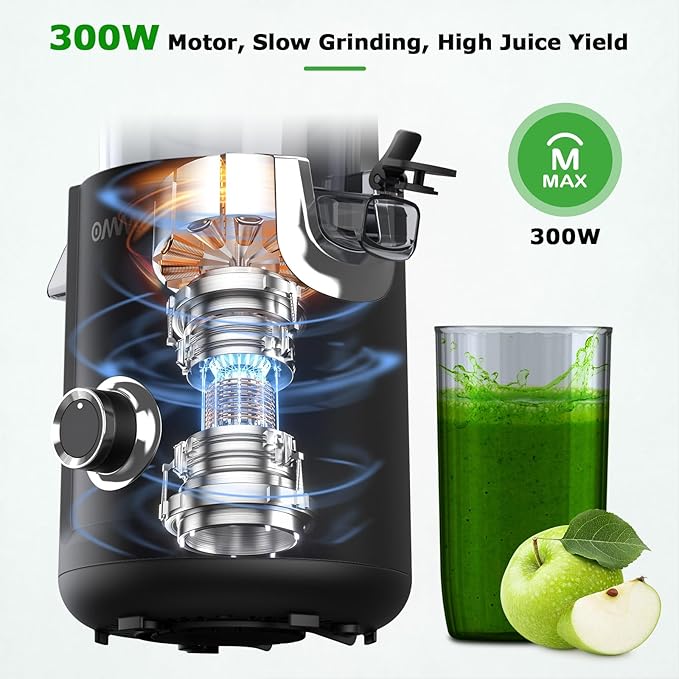 OMMO Cold Press Juicer Machines: 5.1" Wide Chute for Whole Fruits & Veggies, BPA Free Slow Juicer Easy Clean, Beep Alert, Slow Masticating Juicers for Moms/Families/Fitness/Juice Life/Healthy Living