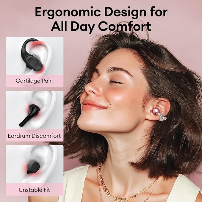 PAXA Stylish Open Ear Clip On Earbuds with Removable Butterfly Earring, Clip On Headphones with LCD Touch Screen, Fashionables Open Ear Headphones for Women, Butterfly Earring Rose Gold Earbuds