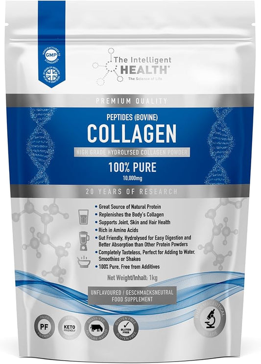 The Intelligent Health Hydrolyzed Collagen Peptides Powder, Grass Fed, High Protein, Unflavored, Gluten-Free, Paleo & Keto Friendly, 10g per Serving (1kg) Supports Skin, Hair, Nails, Joints, & Bones