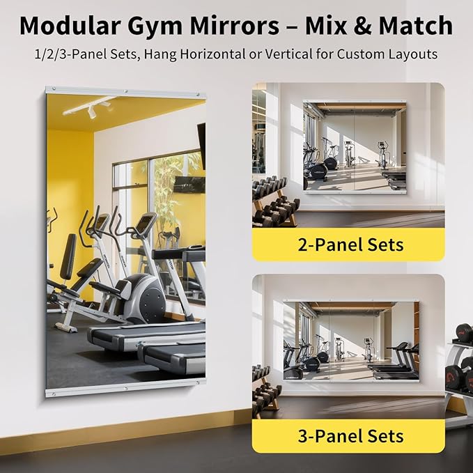 Home Gym Mirror - 55x30 Inch, 3PCS Frameless Tempered Glass Full Body Mirror for Wall Mount - Ideal for Yoga, Workout, Bedroom, Dance Studio (Silver)