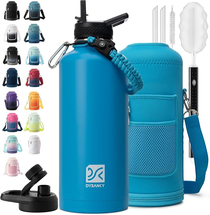 Insulated Water Bottle | Thickened Stainless Steel for Gym and Hiking with Straw, Carrier Bag, Handle Strap | BPA-Free 87 oz