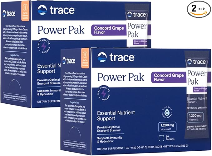 Trace Minerals Power Pak - Daily Health Support Supplement with Vitamins & Minerals - Power Packet Aids Immune Health & Hydration - Mix Powder Supports Bodily Functions - Concord Grape (60 Servings)