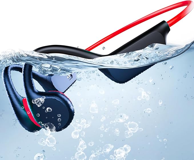 Swimming Waterproof Bone Conduction Headphones Bluetooth 5.3 lPX8 Underwater Waterproof Headphones for Swimming with 32GB MP3 Player Built in Earbuds for Sport Running Cycling Gym (Redblack)