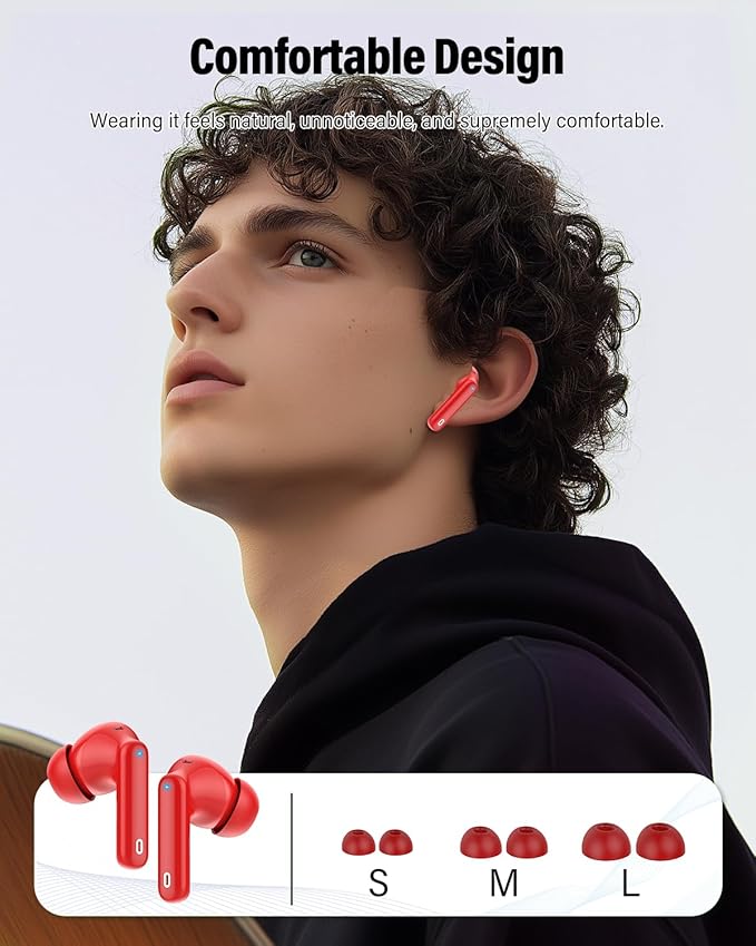 Wireless Earbuds, Bluetooth 5.4 Headphones Bass Stereo, Ear Buds with Noise Cancelling Mic, IP7 Waterproof in Ear Earphones, 36H LED Display Bluetooth Earbuds for Laptop Pad Phones Sports, Red
