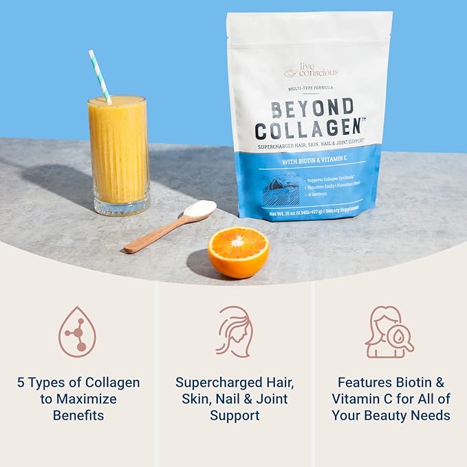 Live Conscious Beyond Collagen Multi Collagen Powder - Types I, II, III, V & X | Keto Friendly, Hydrolyzed Blend with Biotin & Vitamin C (2-Pack)