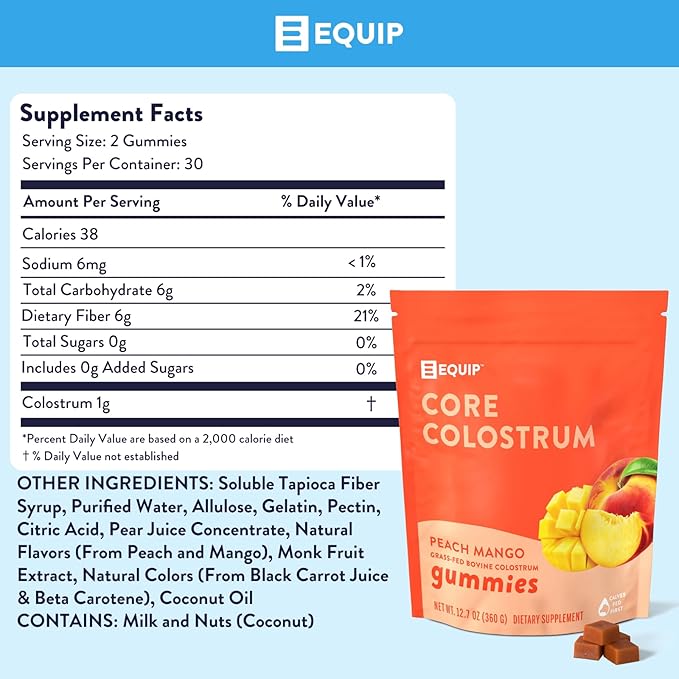 Equip Foods Core Bovine Colostrum Gummies, Delicious 1g Per Seving Grass Fed Colostrum Supplement - Gut Health, Immunity, Recovery, Hair & Skin - 60 Bovine Colostrum Gummies, 30 Servings, Peach Mango